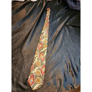 Vintage Floral Medallion Silk Blend Necktie Olive Burgundy Gold Wide Blade Tie